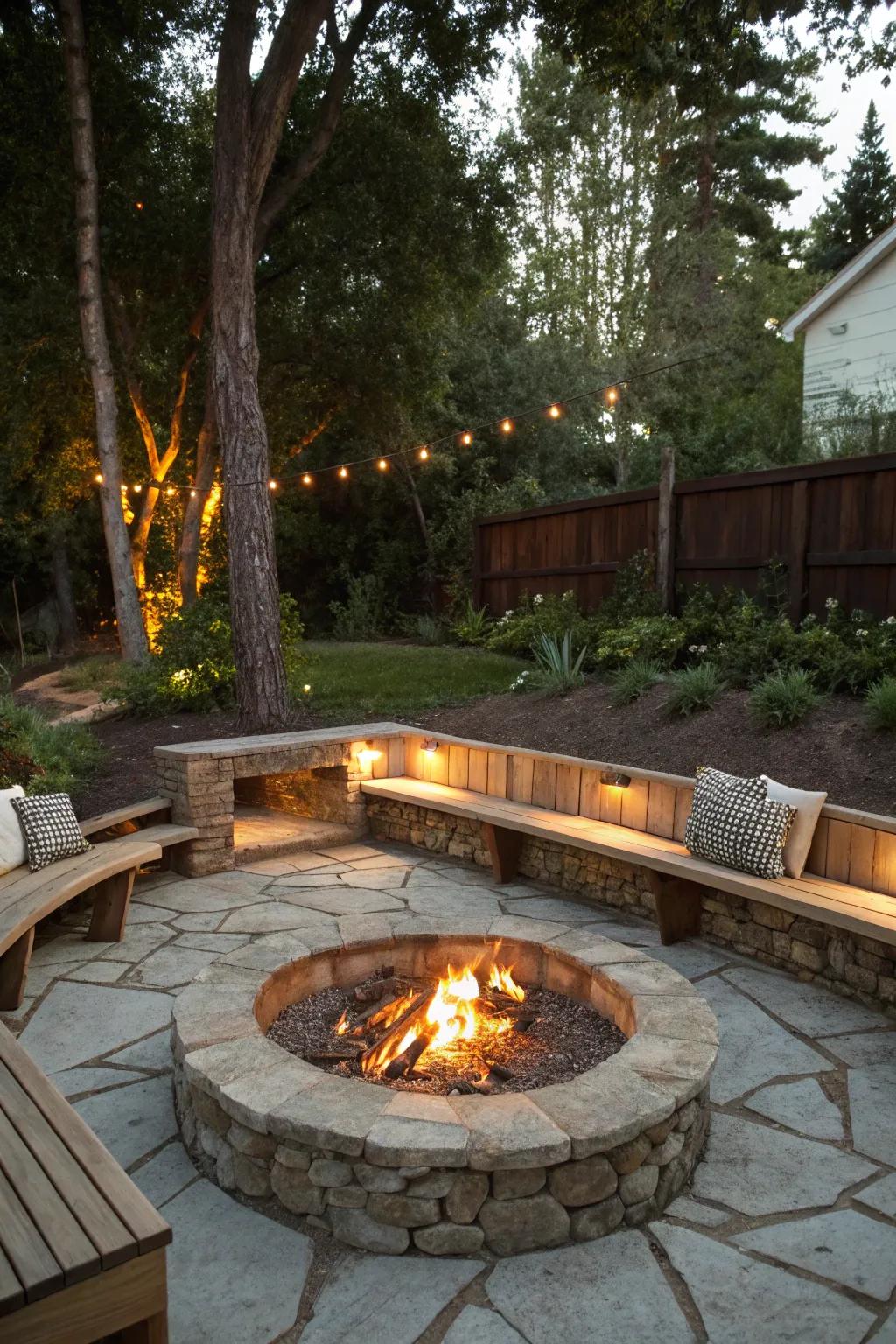 A bench around the fire pit invites everyone to gather around.