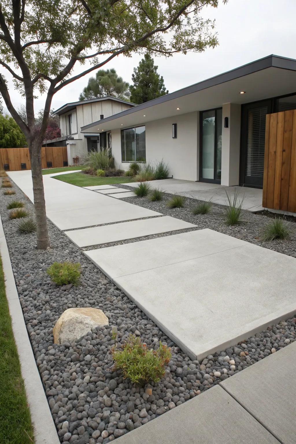 Contrasting textures of concrete and gravel in a modern front yard.
