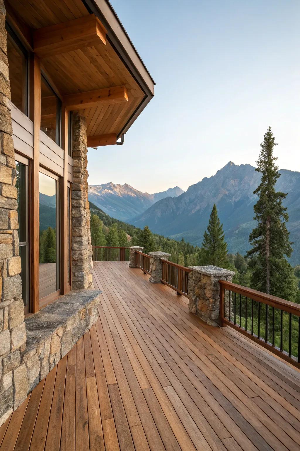 A mountain deck with a harmonious blend of wood and stone materials.
