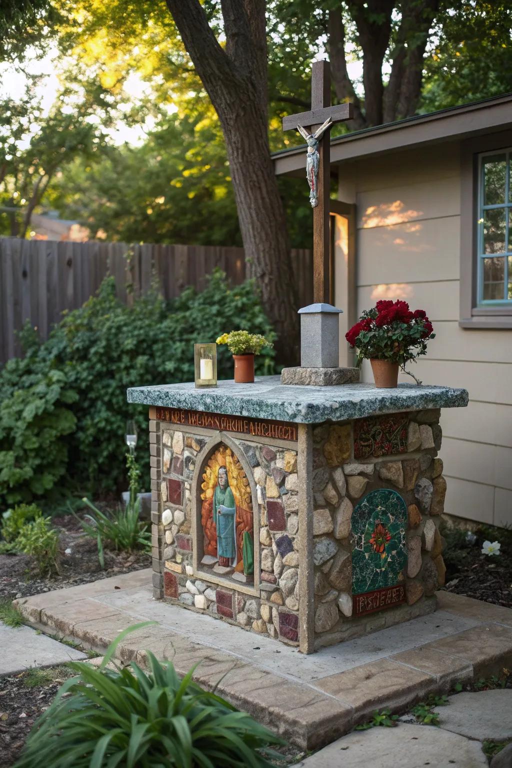 A creative mosaic altar with a mix of colorful materials.