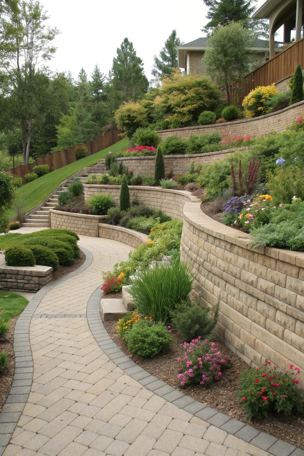 A multi-level garden featuring paver retaining walls and diverse plantings.