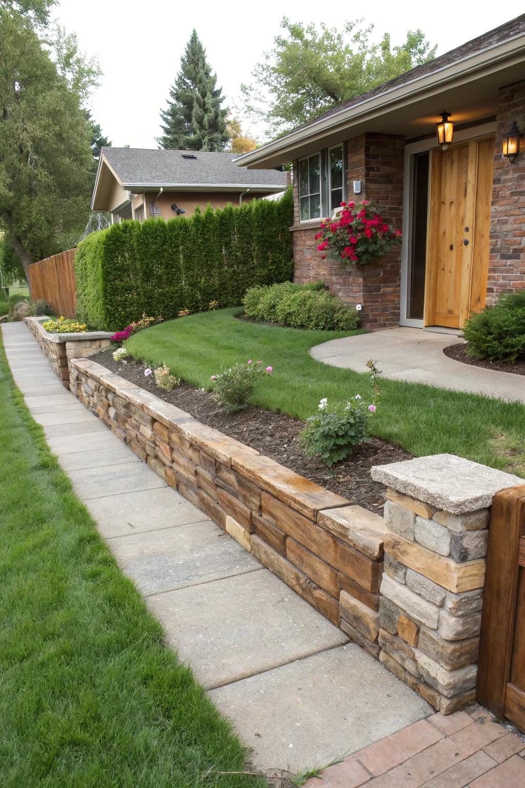 Mix materials for a unique and eye-catching retaining wall design.