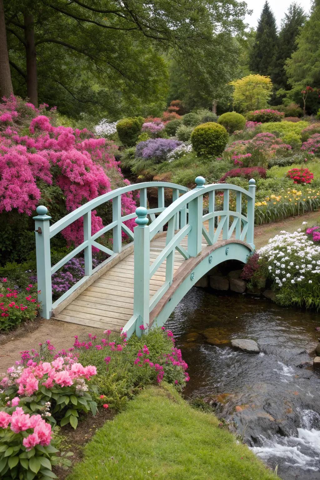 A colorful bridge adds whimsy to a garden setting.