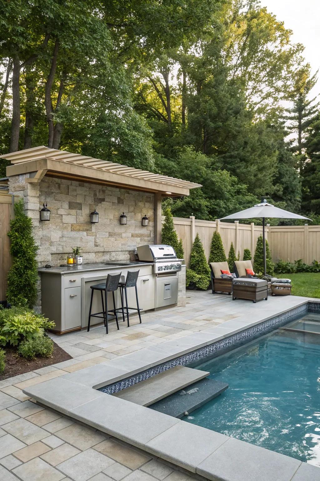 A clever linear kitchen layout beside a cozy pool.