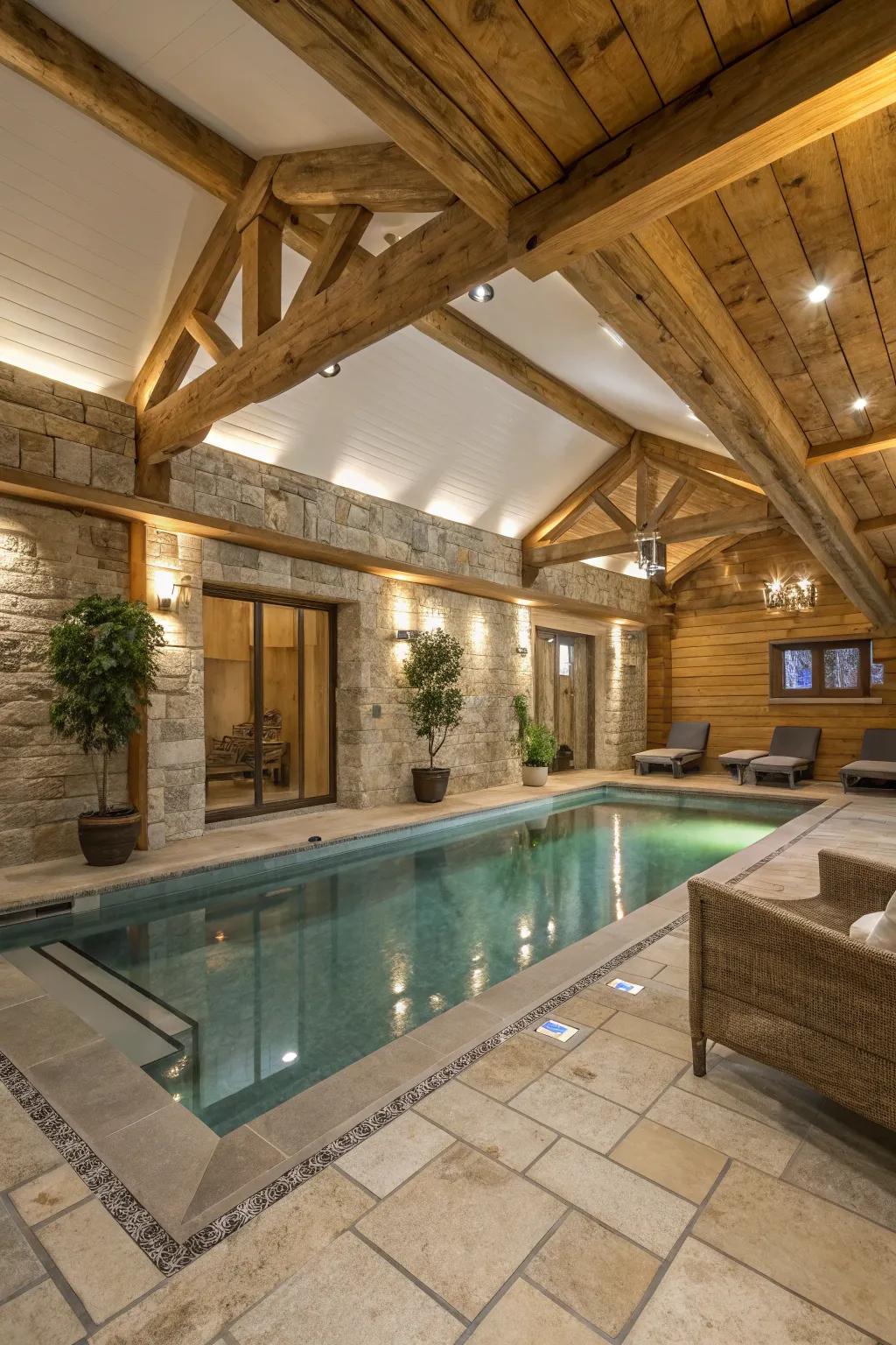 Warm and inviting indoor pool room highlighting natural materials.