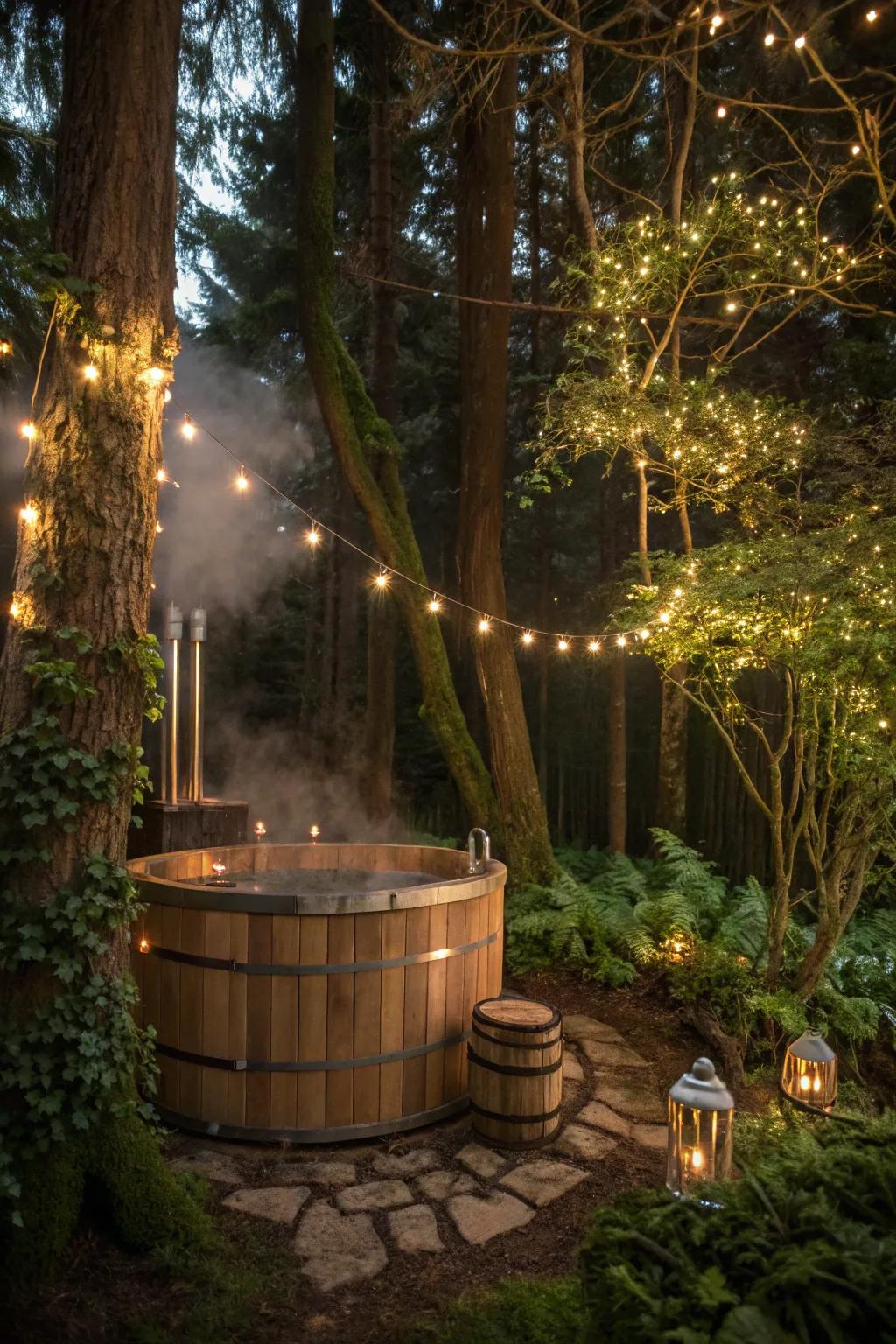 An enchanted forest setting makes your hot tub feel magical and inviting.