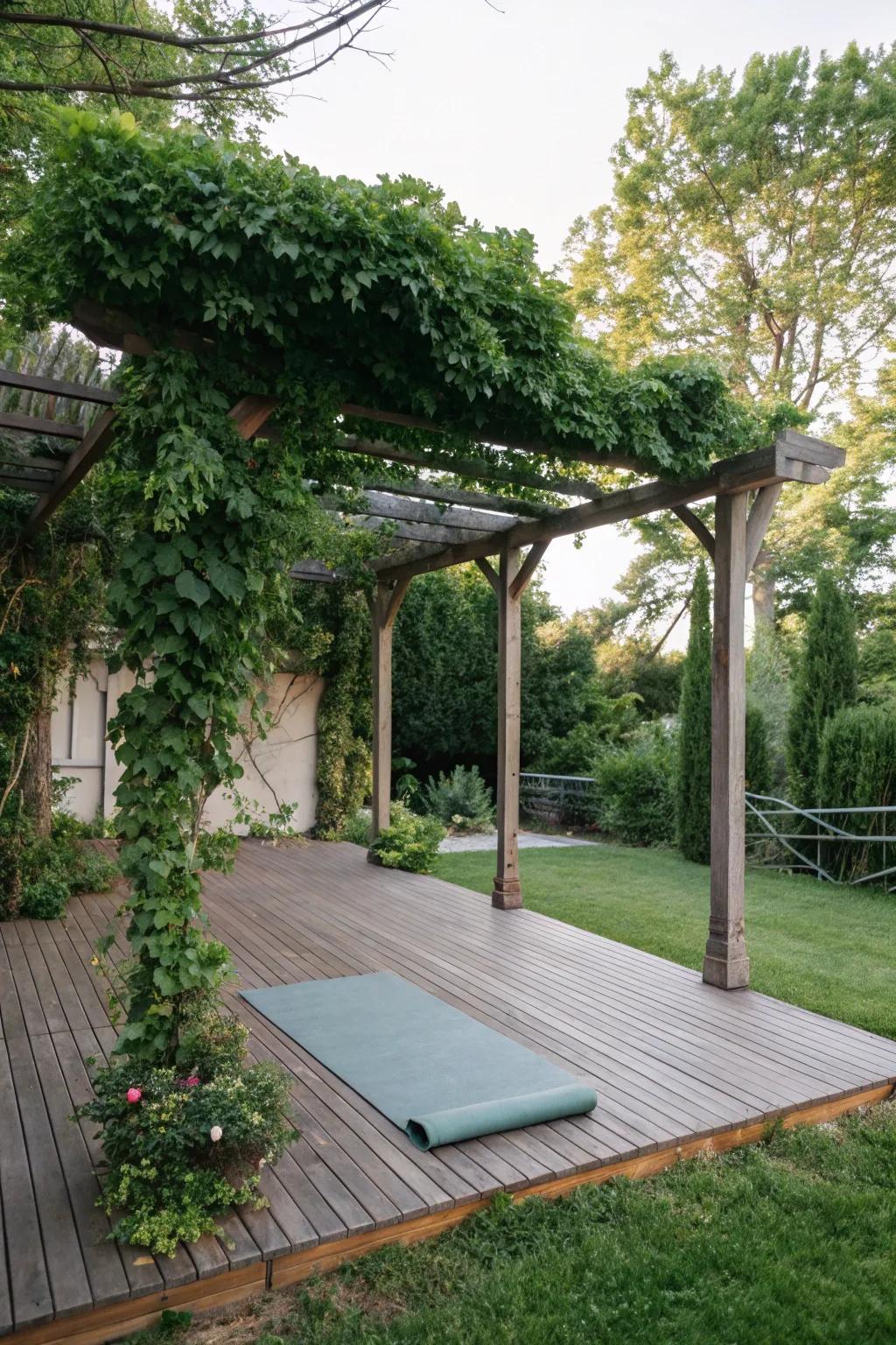 A pergola provides shade and structure for your yoga space.