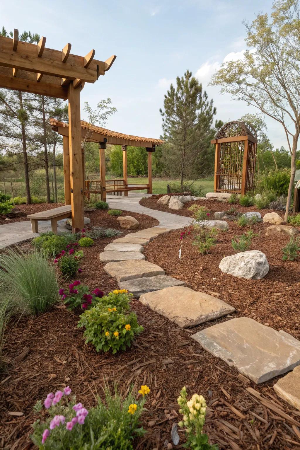 A natural garden look with brown mulch, stones, and wood.