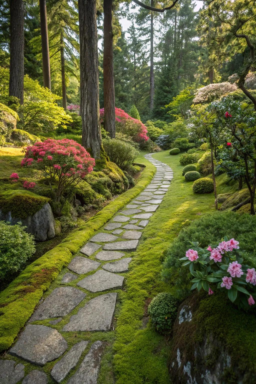 Stone pathways offer elegance and require little upkeep.