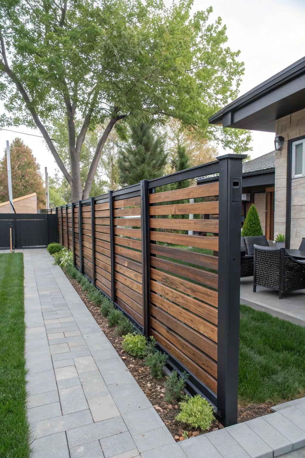 Modern horizontal slat fence for a sleek backyard style.