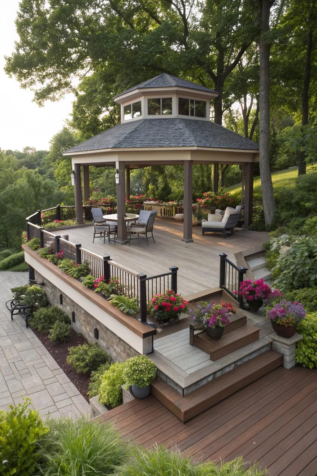 Discover multi-tiered decking for an innovative pavilion setup.