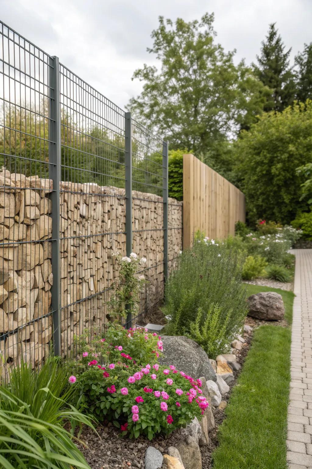 Gabion fence constructed with eco-friendly local stones enhancing the garden's natural vibe.