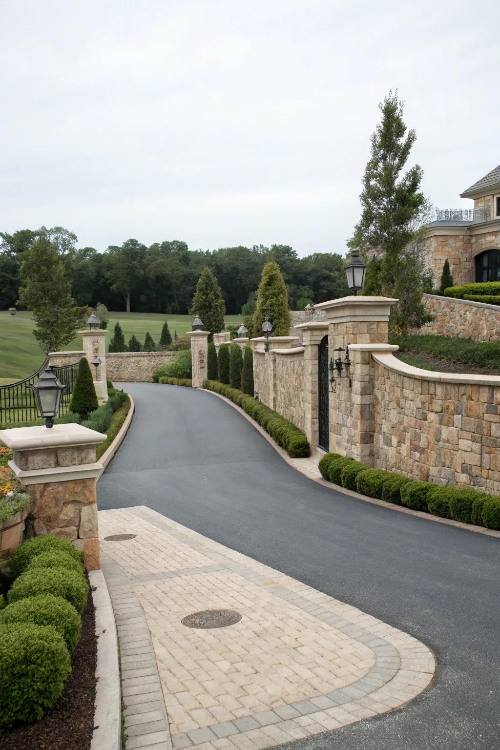 A driveway featuring a sophisticated stone veneer wall.