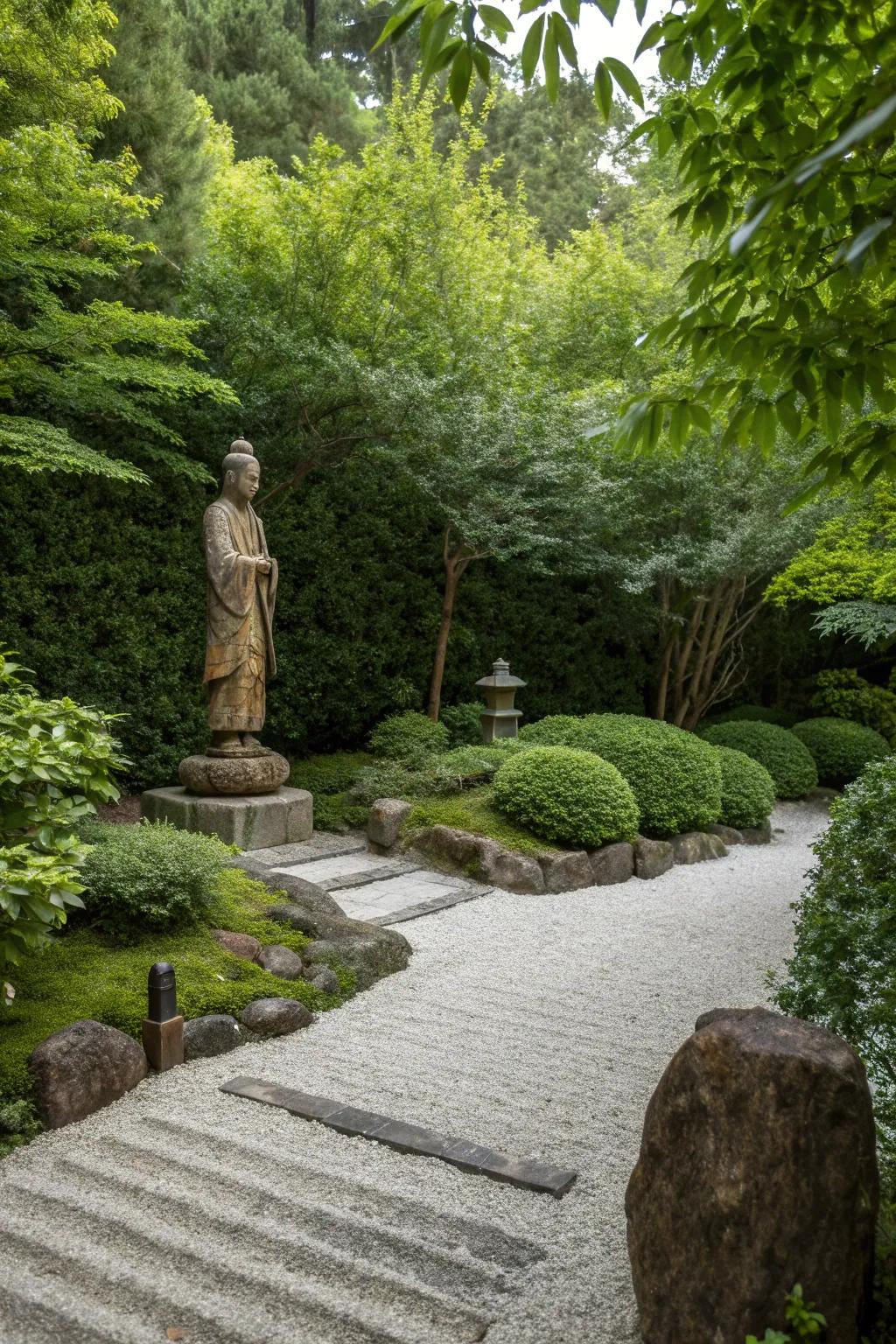 A wooden statue in a garden that adds an earthy, natural aesthetic.