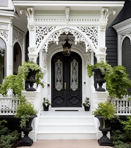 Victorian-style black double doors with ornate glass and white trim