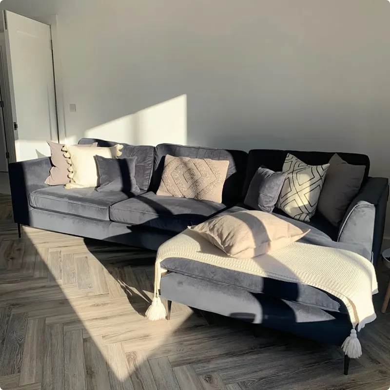 Living Room with Charcoal Couch