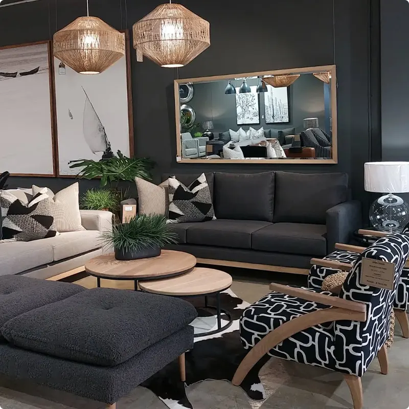 Living Room with Charcoal Couch