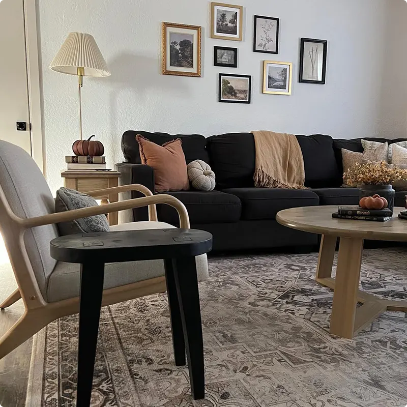 Living Room with Charcoal Couch