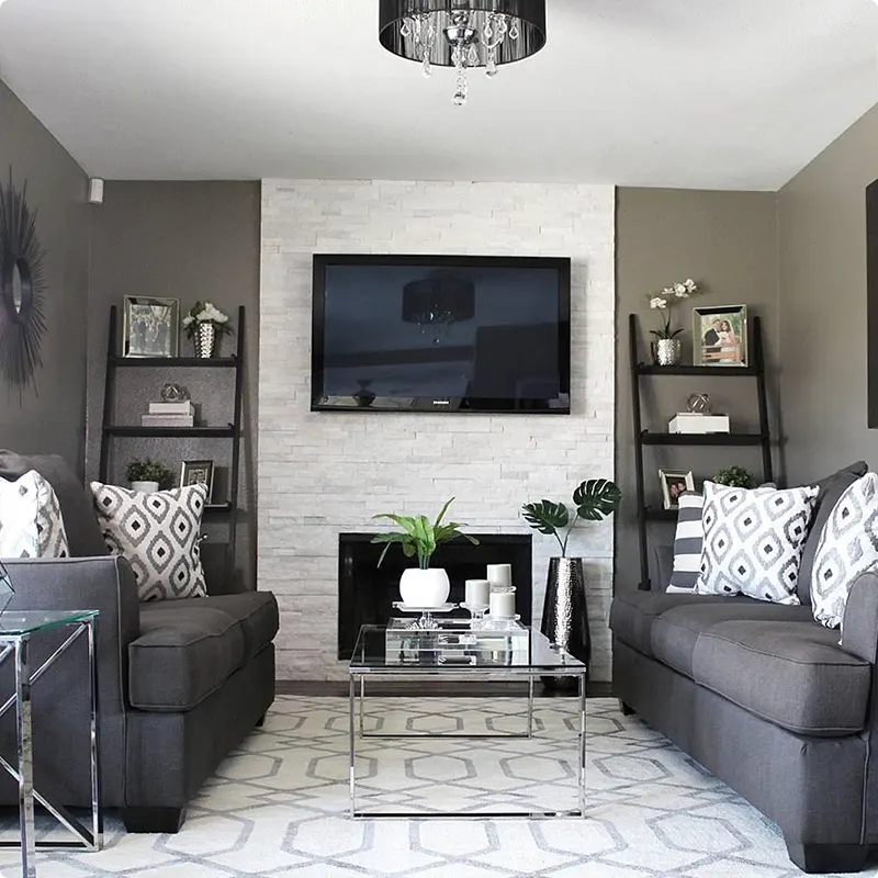 Living Room with Charcoal Couch