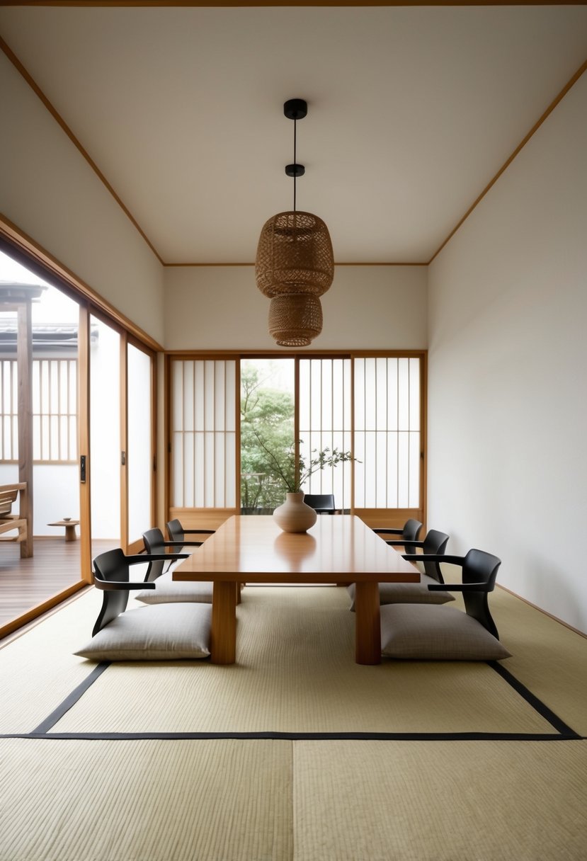A minimalist dining room with Japanese-style tatami mats, low dining table, and natural materials