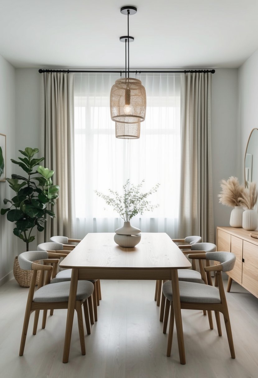 A minimalist Scandinavian wooden dining table surrounded by Japandi-inspired decor and furniture in a serene dining room