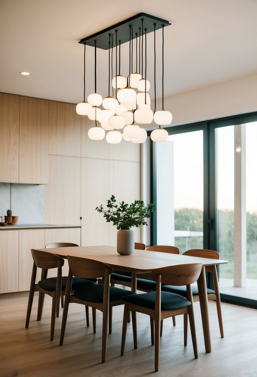 A serene dining room with clean lines, warm wood furniture, and a cluster of simple, elegant pendant lights hanging above the table