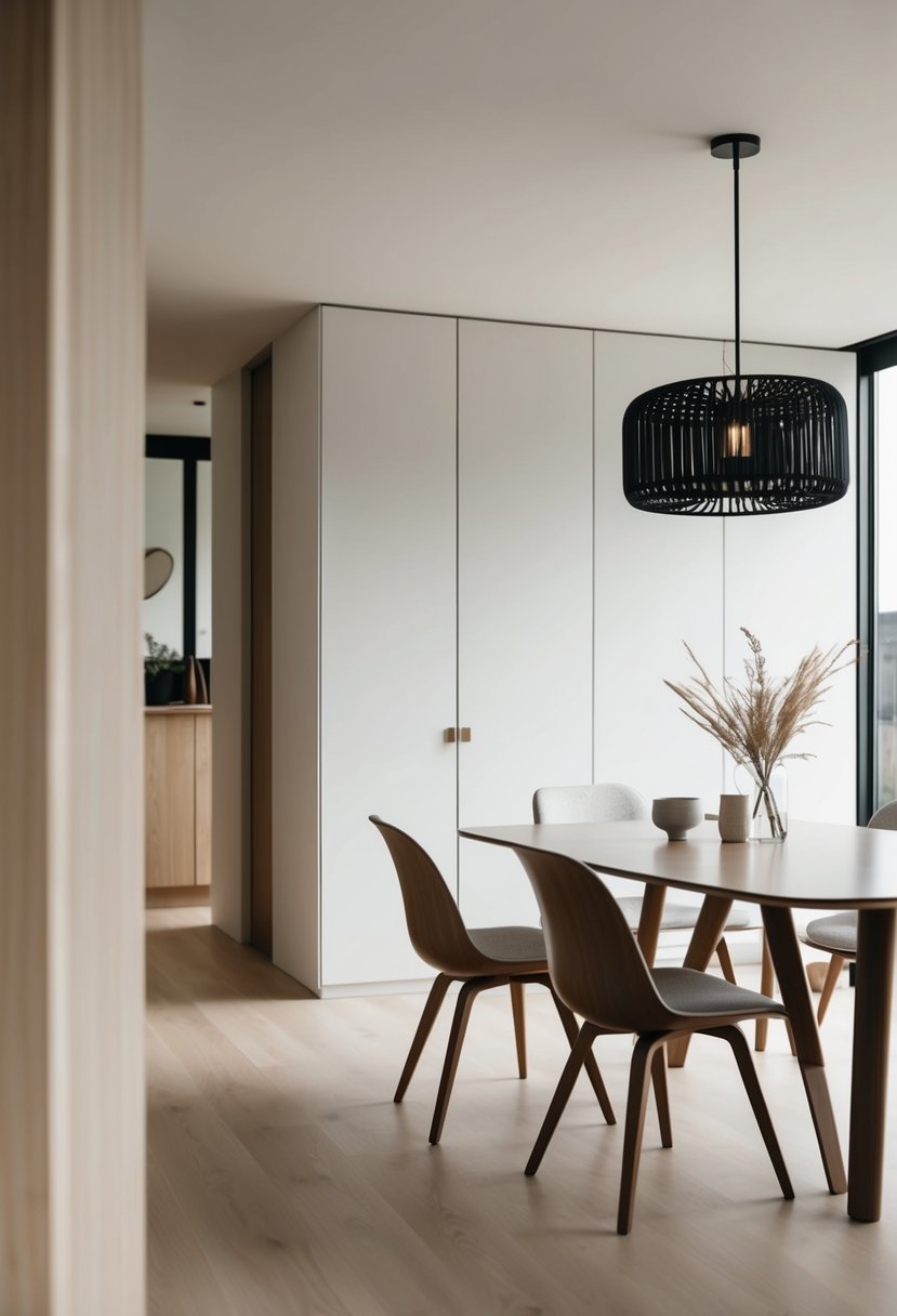 A sleek Mid-Century Modern dining chair sits in a minimalist Japandi dining room, surrounded by clean lines and natural materials