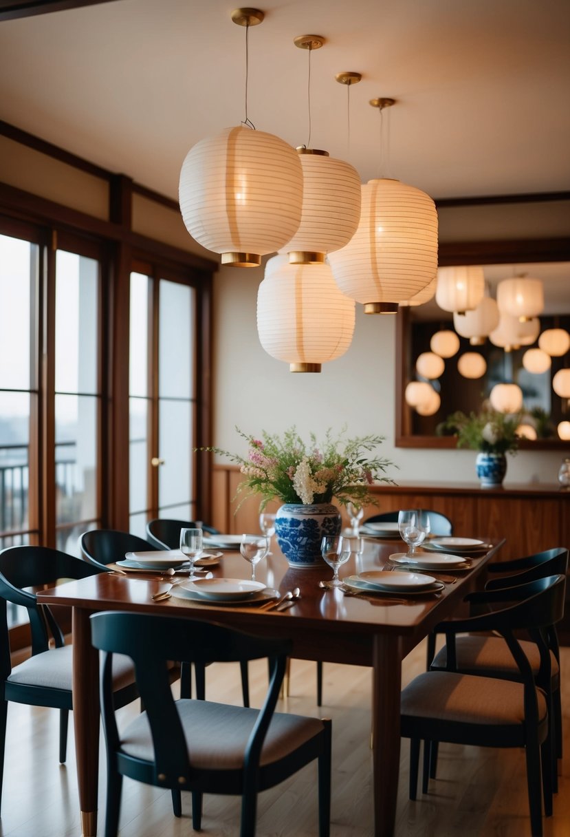 A dining room adorned with rice paper lanterns in Japandi style