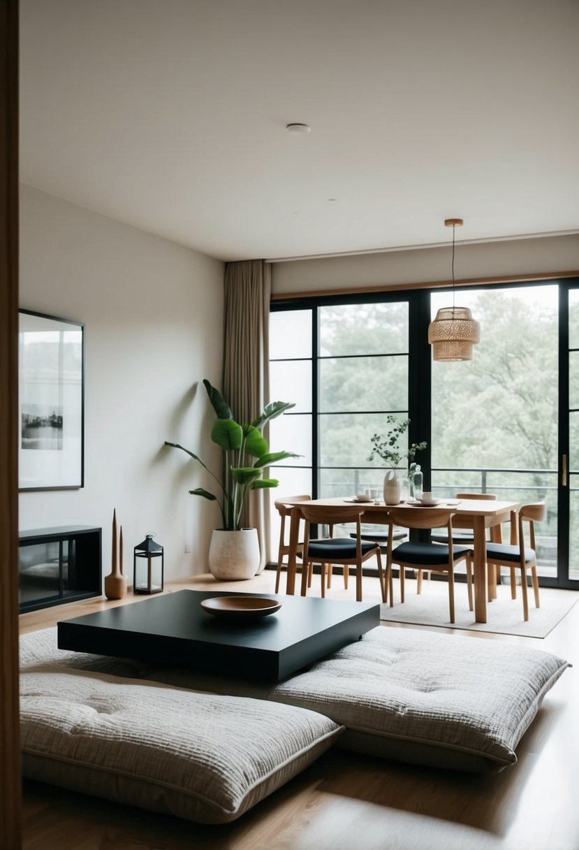 A low futon seating area with minimalist dining set in a serene Japandi style room