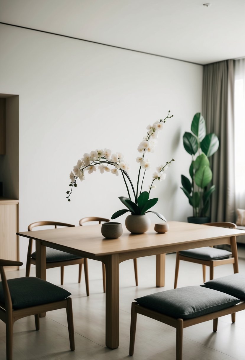 A minimalist dining room with a low wooden table adorned with a simple yet elegant Ikebana flower arrangement, surrounded by Japandi-inspired decor