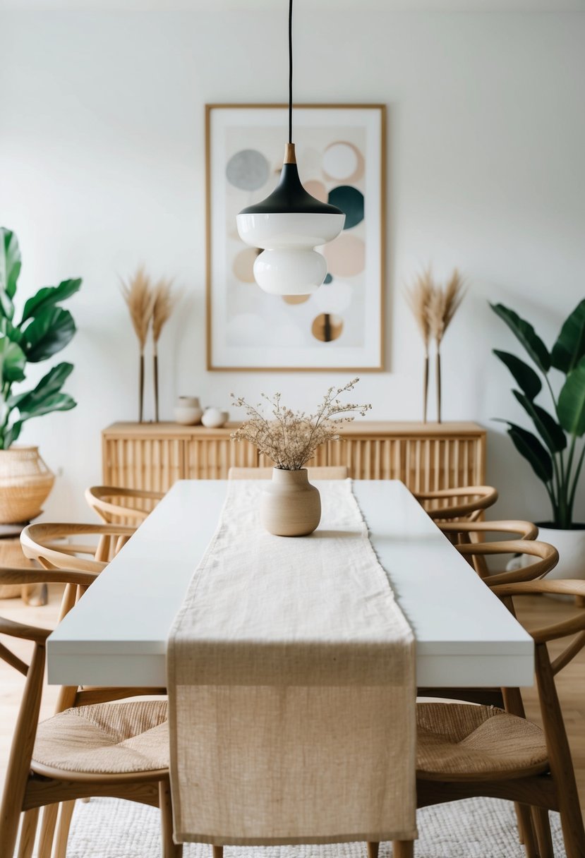 A minimalistic dining room with a natural linen table runner, surrounded by Japandi-inspired decor and furniture
