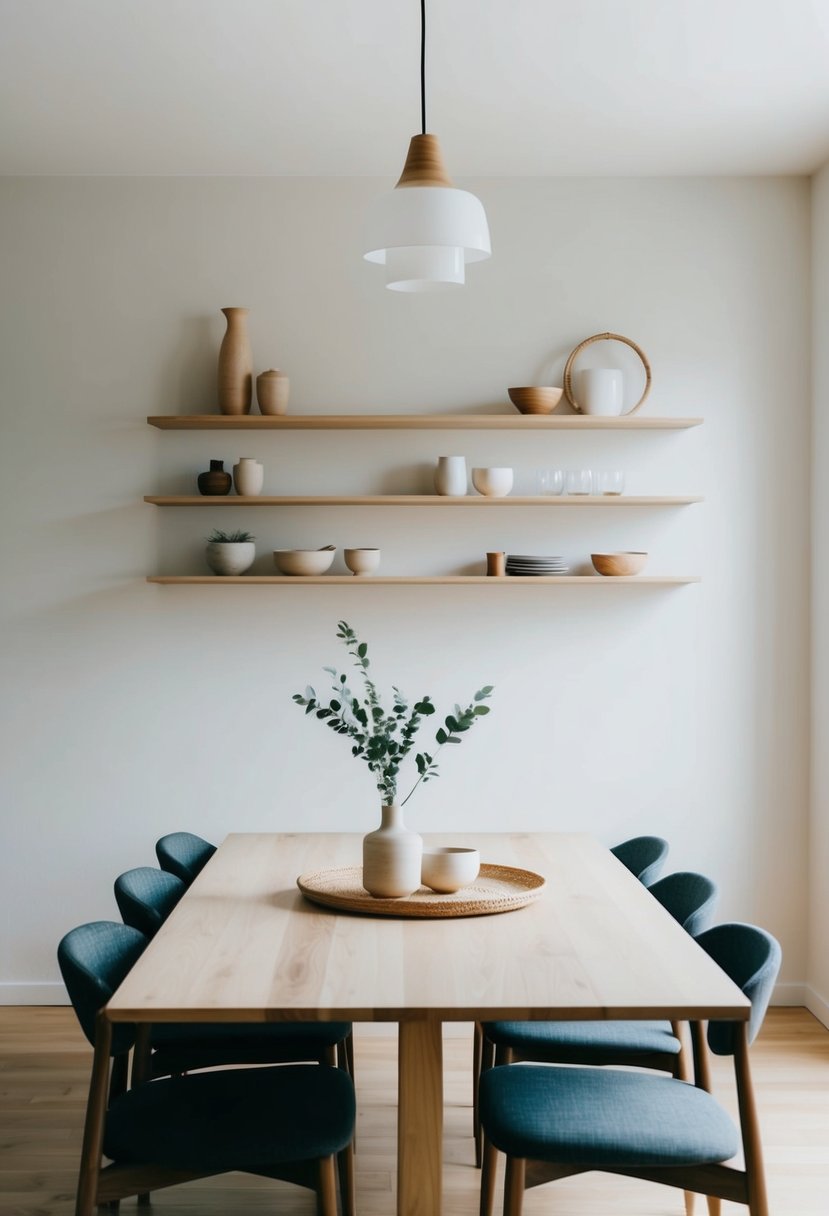 A serene dining room with clean lines, natural materials, and simple wall shelves displaying minimalist decor in a Japandi style