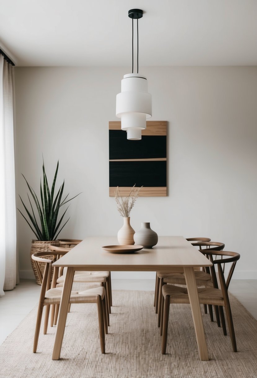 A minimalist dining room with natural materials, neutral colors, and simple decor, featuring a wabi-sabi wall art piece as the focal point