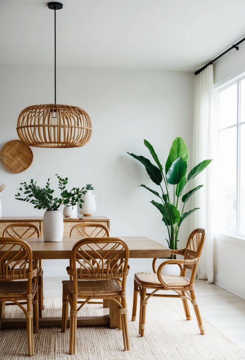 A minimalist dining room with rattan chairs, natural light, and Japandi decor