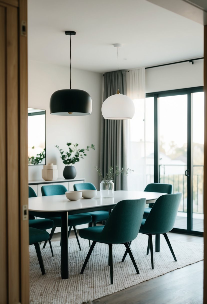 A cozy dining room with a sleek Nordic upholstered bench, surrounded by minimalist Japandi decor and natural light