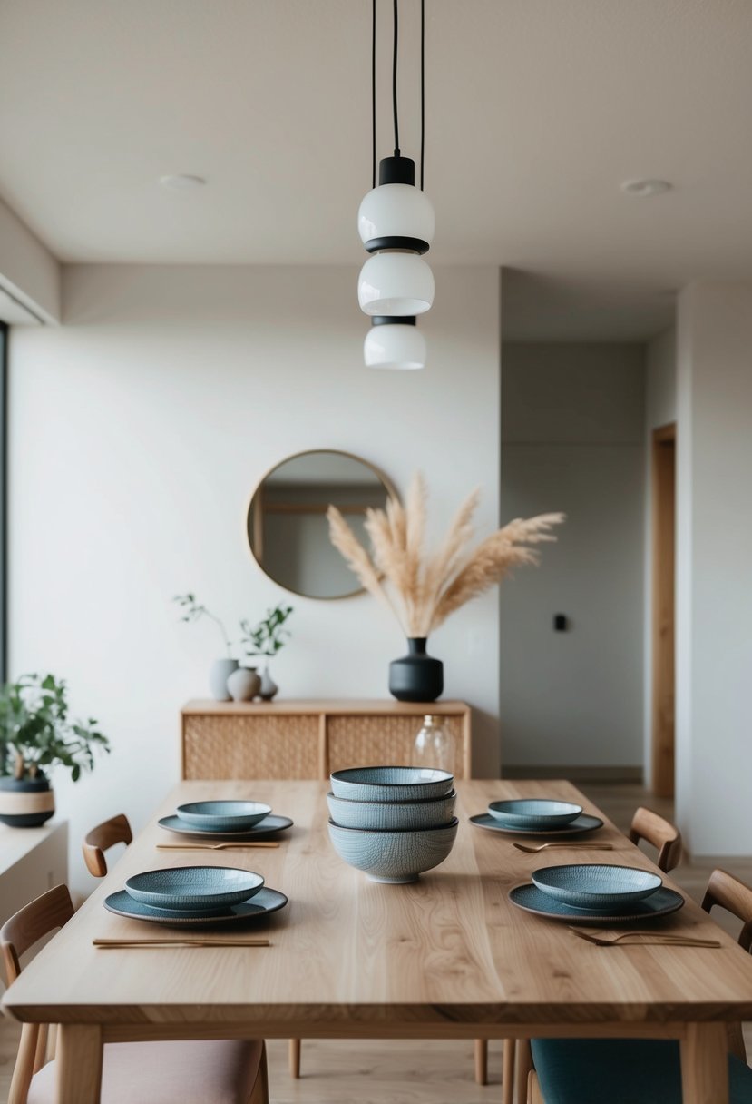A minimalist dining room with Kintsugi-inspired dinnerware on a wooden table, surrounded by Japandi decor and natural light