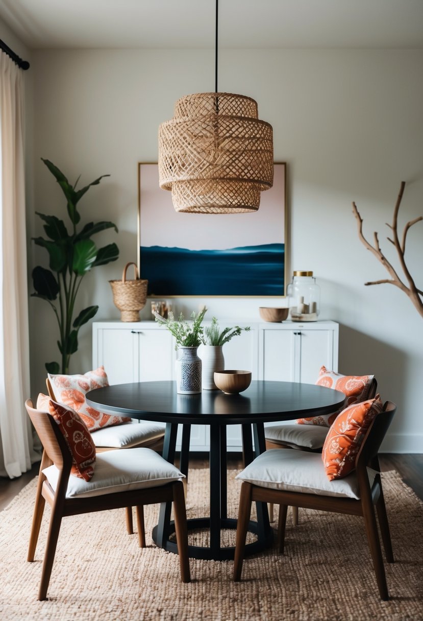 A dining room with Japandi decor featuring organic cotton chair cushions