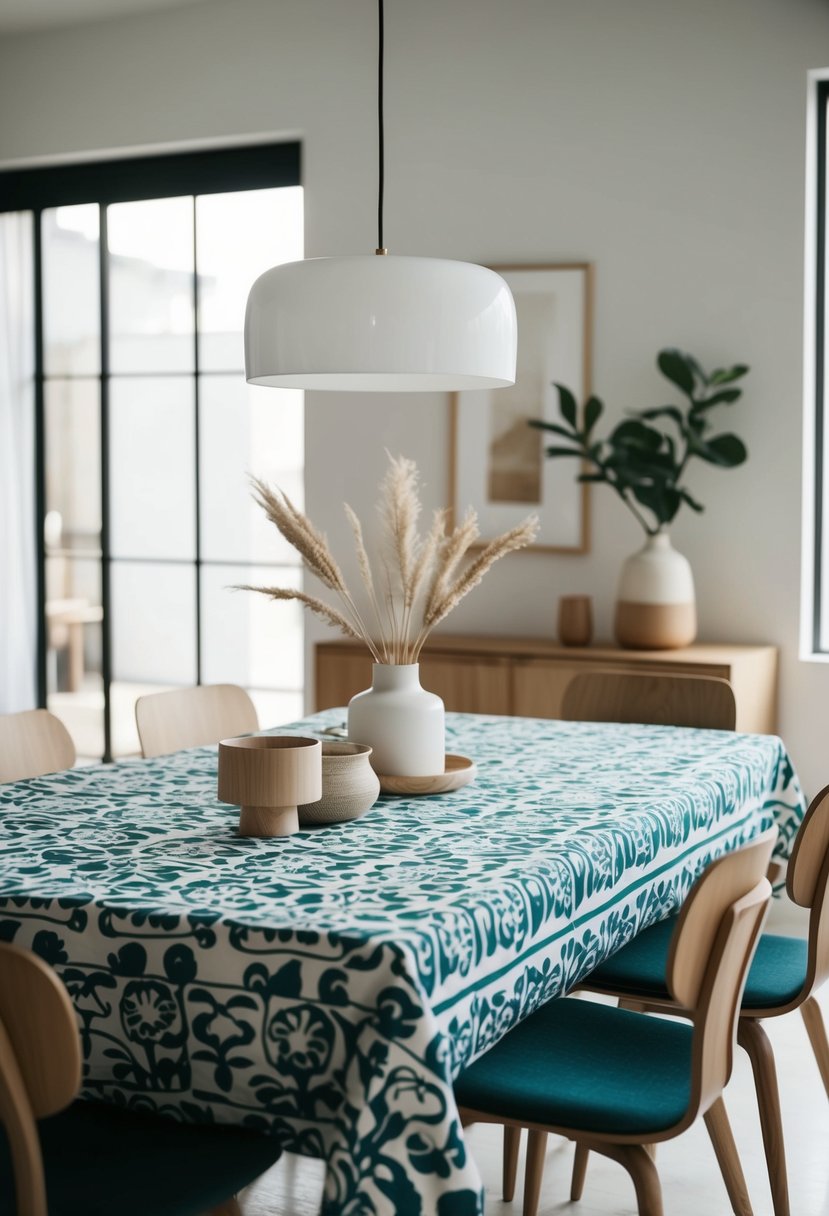 A Japandi dining room with a Marimekko tablecloth, minimalist decor, natural materials, and soft lighting