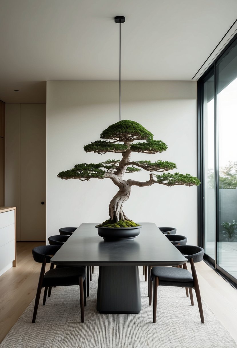 A minimalist dining room with a large bonsai tree as the centerpiece, surrounded by clean lines and natural materials in a Japandi style