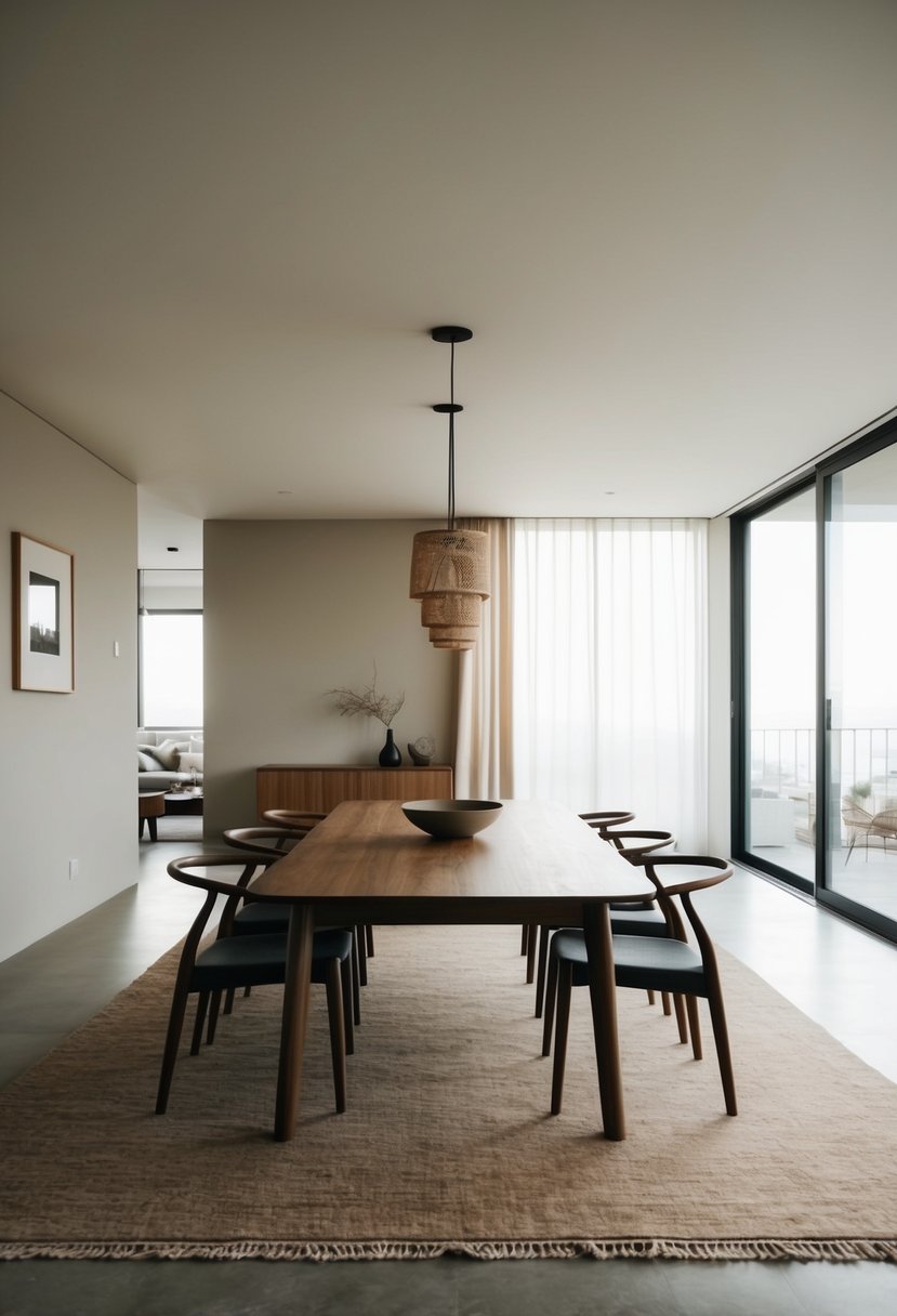 A spacious dining room with a low wooden table, surrounded by minimalist chairs on a muted earth tone rug. The room features natural light and simple Japandi decor