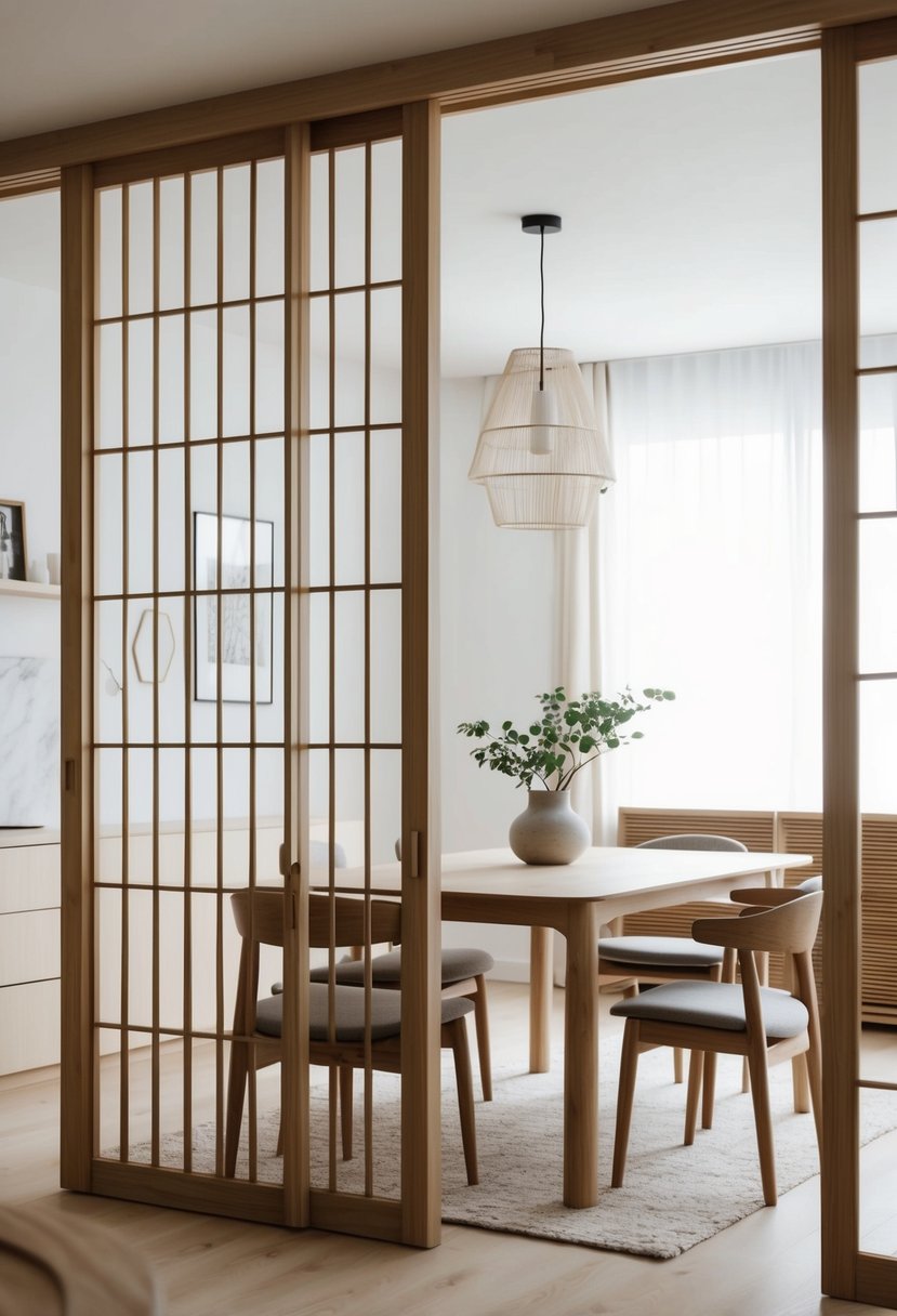 A shoji screen divider separates a minimalist dining area with natural wood furniture and neutral tones, blending Japanese and Scandinavian design