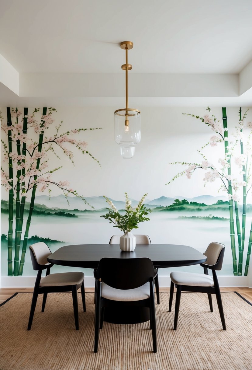 A serene dining room with a minimalist Japandi design, featuring nature-inspired wall murals of bamboo, cherry blossoms, and serene landscapes