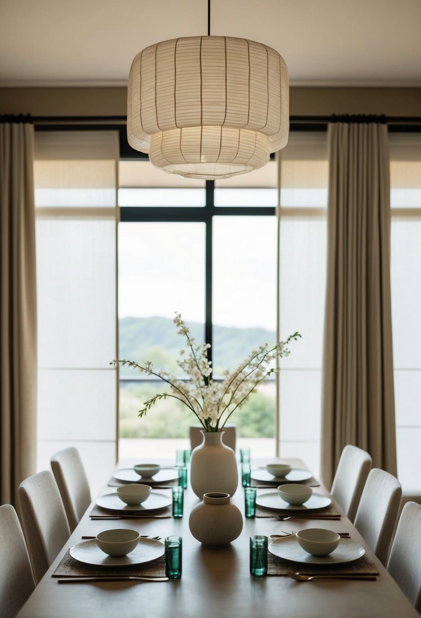 A serene dining room with rice paper curtains, minimalist Japandi decor, and elegant table settings