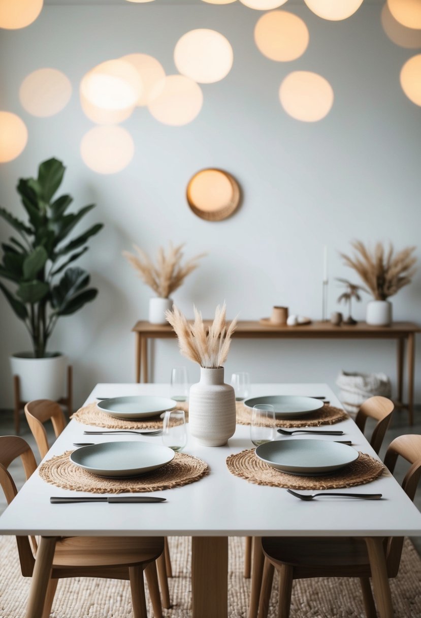 A minimalist dining table set with natural fiber place mats, surrounded by Japandi-inspired decor and furniture