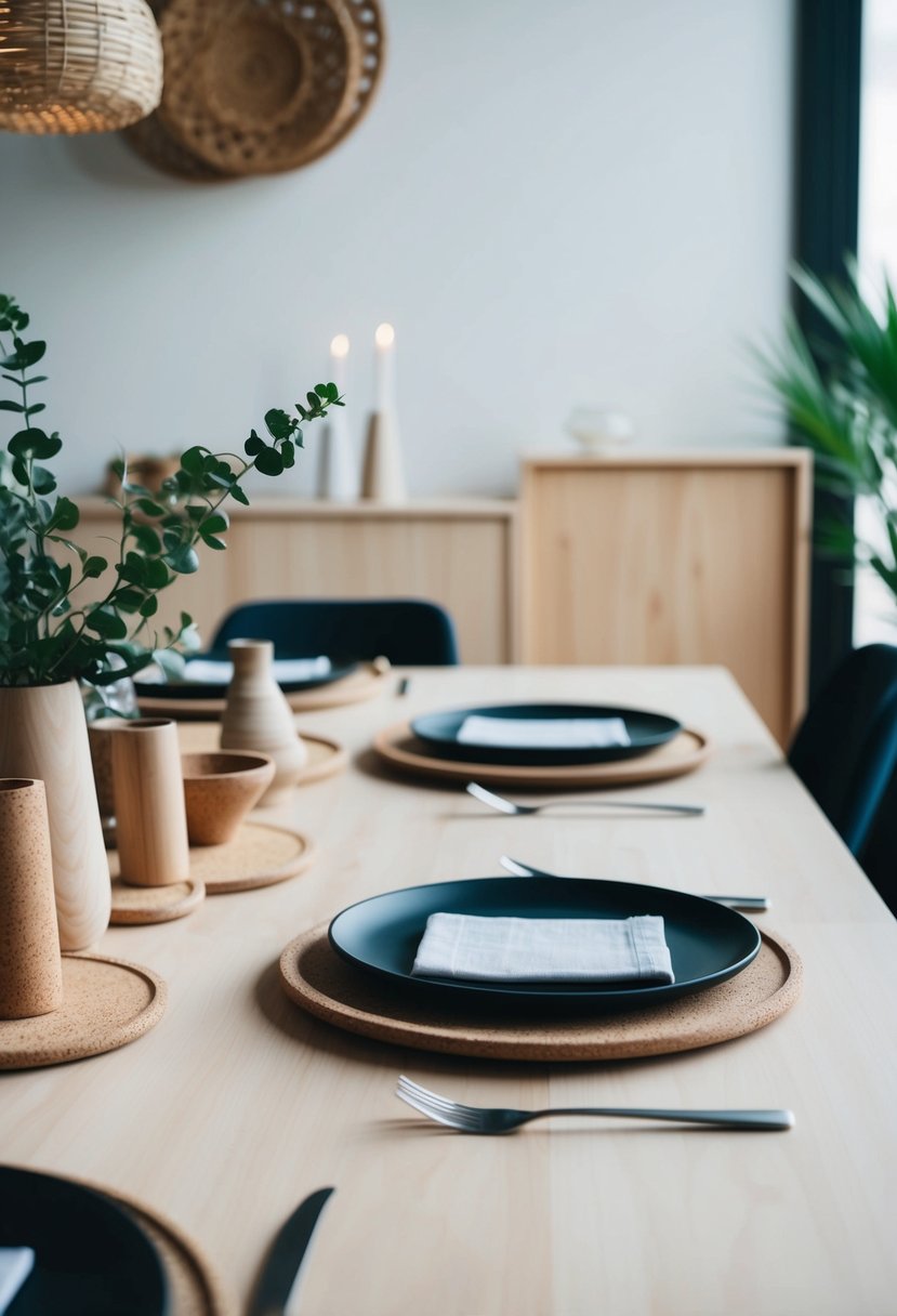 A dining table set with minimalist Japandi decor, featuring cork coasters and natural materials