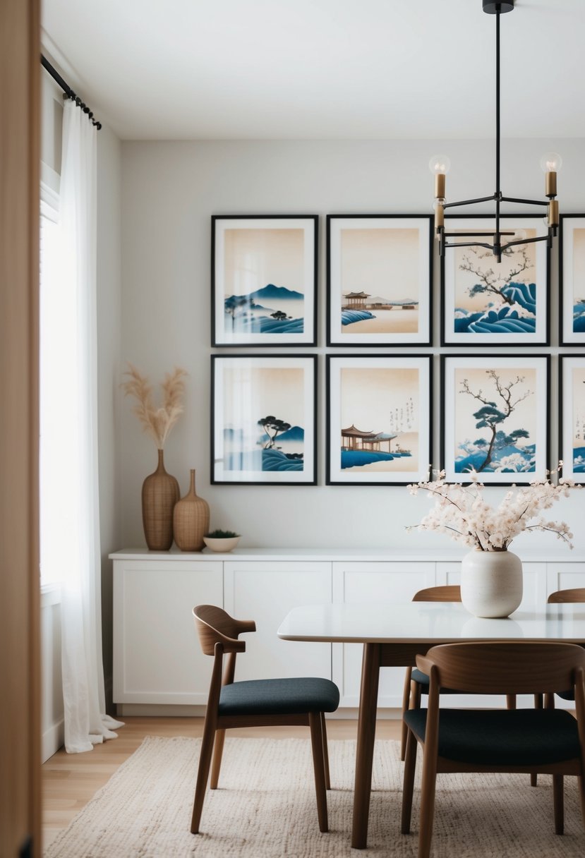 A serene dining room with minimalist Japandi decor, featuring a gallery wall of framed Ukiyo-e prints