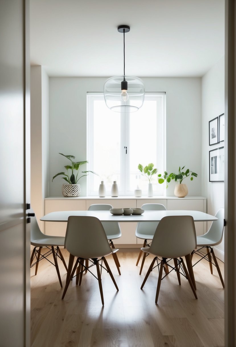 A minimalist dining room with a Scandinavian side table, natural light, and Japandi decor