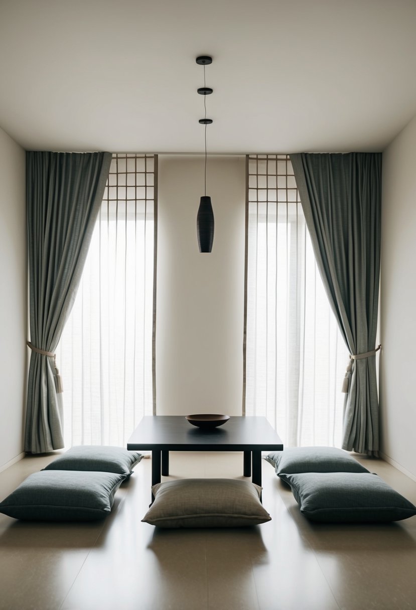 A minimalist dining room with a low table, floor cushions, and Japanese Noren curtains separating the space