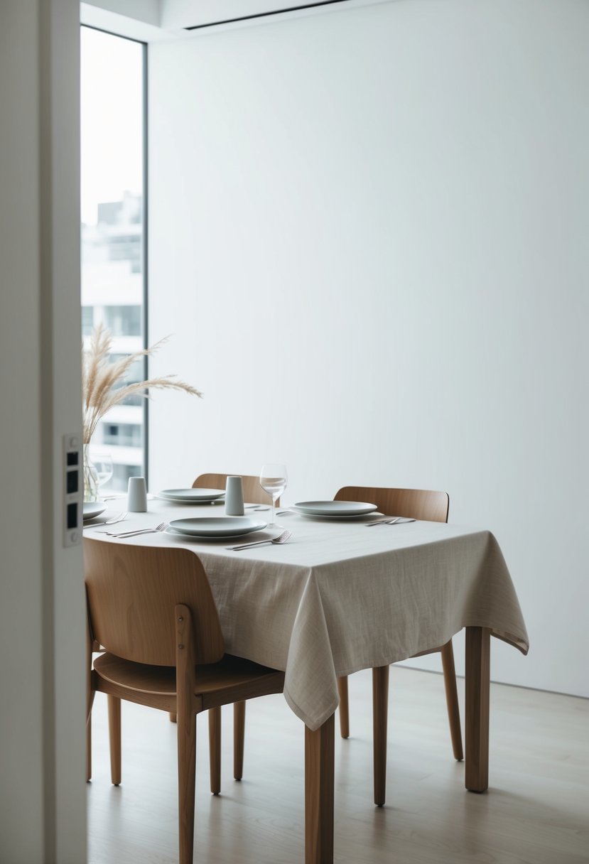 A minimalist dining room with a sleek, wooden table set with a pure linen tablecloth and simple, modern tableware
