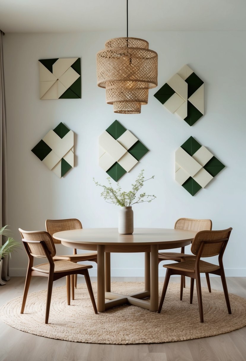 A serene dining room adorned with origami wall accents in a Japandi style. Minimalist furniture and natural materials create a harmonious atmosphere